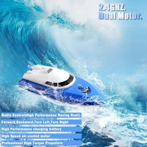 RC Boat,Remote Control Boats for Lake/Pool/Pond,2.4 GHz High Speed Mini Boats,Outdoor Adventure Electric RC Racing Boats for Kids (Blue)