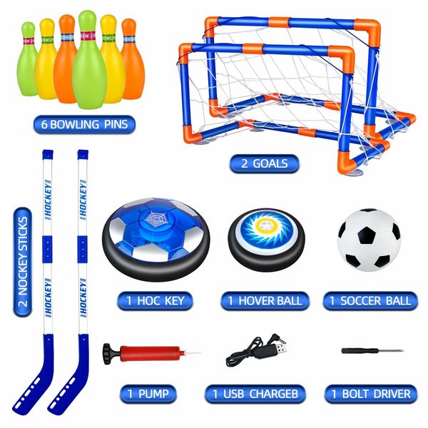 Hover Soccer Ball for Kids,4-In-1 Air Floating Soccer Toy Set,Rechargeable Hover Soccer & Hockey Ball with LED Light,Age3+