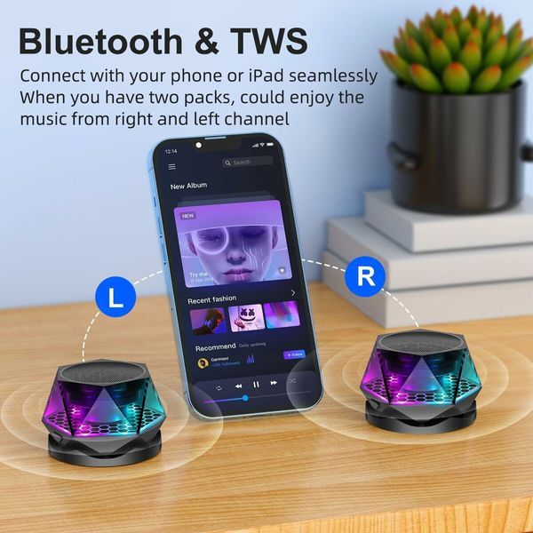 Diamond Bluetooth Speaker, Small Wireless Speaker with Multi RGB Color Light Show, Portable Phone Stand for iPhone, Android, TWS Pairing