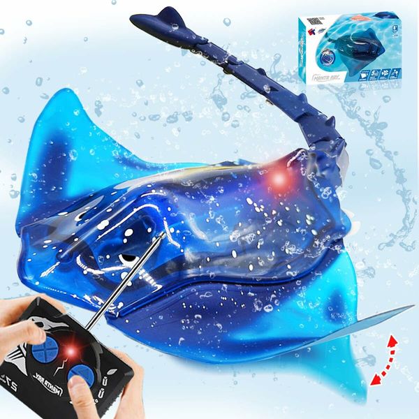 Pool Toys Remote Control Stingray Diving into Water High Simulation Robot Manta ray Lights Rechargeable Battery Remote Control Bathtub Summer Pool Toys Great Gift RC Boat for Age3 Year Kids Blue