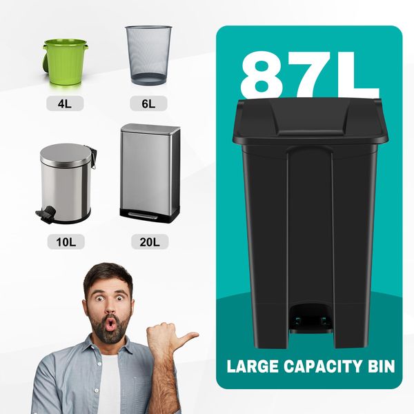 Black Rubbish Bin Pedal Kitchen Recycle Dustbin Waste Trash Can 87L Plastic Garbage Wheelie Stepbin Basket Flip Top Lid