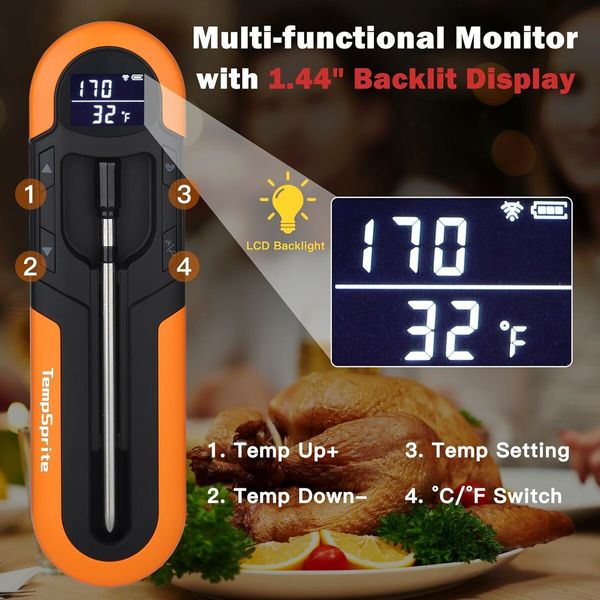 Wireless Meat Thermometer for Oven, Rechargeable Bluetooth Meat Thermometer Digital Wireless with Smart App for Grilling, Smoking, BBQ, Rotisserie, Kitchen (Orange)