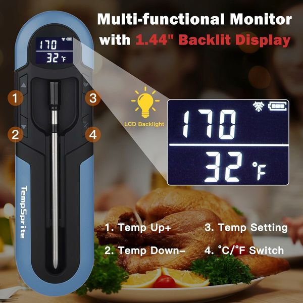 Wireless Meat Thermometer for Oven, Rechargeable Bluetooth Meat Thermometer Digital Wireless with Smart App for Grilling, Smoking, BBQ, Rotisserie, Kitchen (Blue)