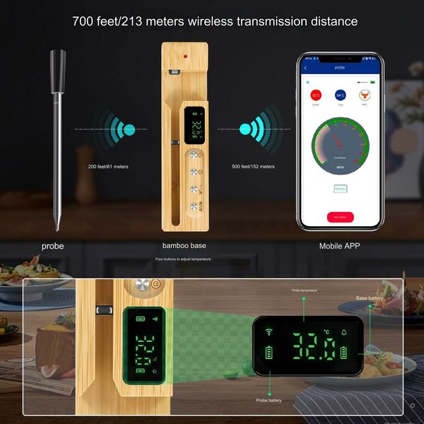 Smart Wireless Meat Thermometer with LED Display Bamboo Base, Up to 700ft App Remote Monitoring for BBQ, Grill, Oven, Rotisserie, Air Fryer, IP68 Waterproof