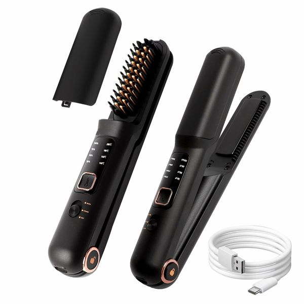 Cordless Hair Straightener,2 in 1 Portable Flat Iron & Straightening Brush,Fast Heating/3 Heat Settings,USB Rechargeable