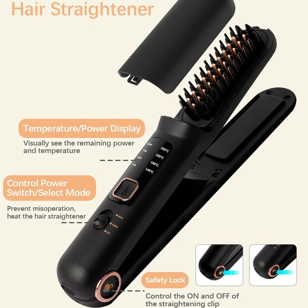 Cordless Hair Straightener,2 in 1 Portable Flat Iron & Straightening Brush,Fast Heating/3 Heat Settings,USB Rechargeable