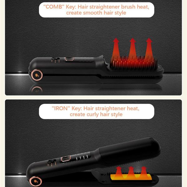 Cordless Hair Straightener,2 in 1 Portable Flat Iron & Straightening Brush,Fast Heating/3 Heat Settings,USB Rechargeable