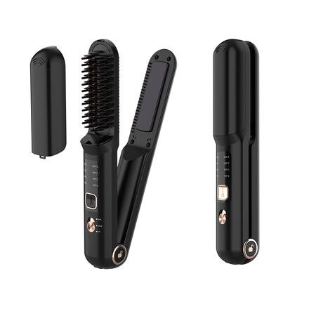 Cordless Hair Straightener,2 in 1 Portable Flat Iron & Straightening Brush,Fast Heating/3 Heat Settings,USB Rechargeable