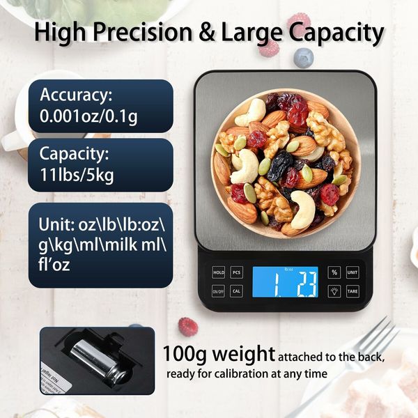 Kitchen Scale with 0.1g/0.001oz High Precision, Bakery Scale with% Percentage Function, Capacity 5kg/11lbs, Full-View Angle LCD with Backlight, Stainless Steel