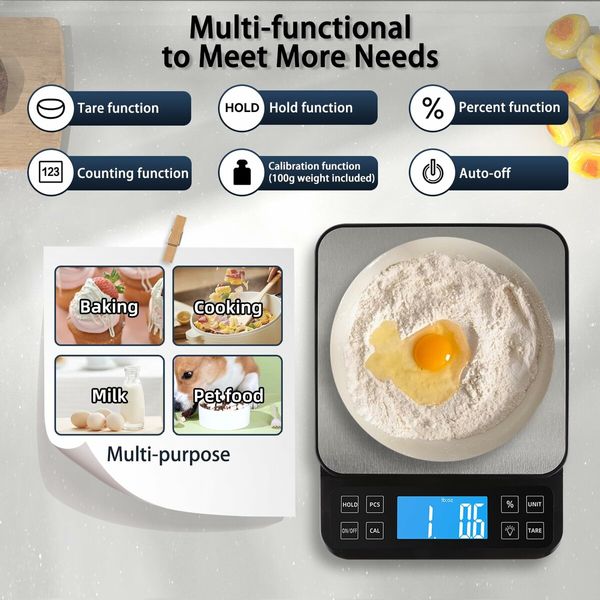 Kitchen Scale with 0.1g/0.001oz High Precision, Bakery Scale with% Percentage Function, Capacity 5kg/11lbs, Full-View Angle LCD with Backlight, Stainless Steel