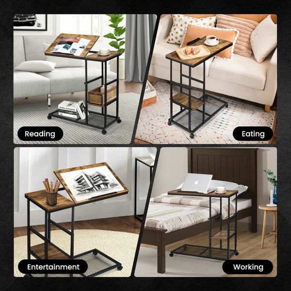 Sofa Side Table Bedside Narrow Couch End Desk Laptop Stand Nightstand Bedroom Home Furniture with Tiltable Top Board Shelves