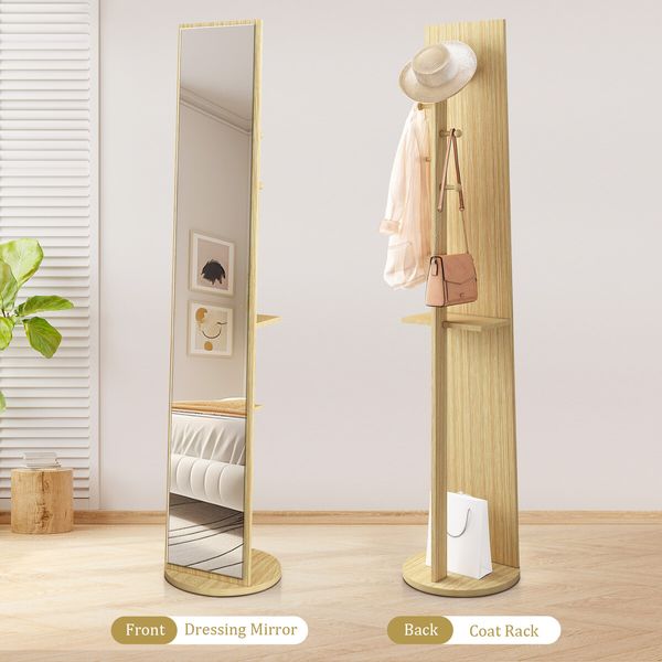 Full Length Mirror Floor Free Standing Tall Long Body Dressing Bedroom Hallway Coat Rack Rotatable Vintage with Storage Oak