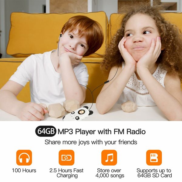 64GB MP3 Player for Kids,Cute Panda Portable Music Player MP3,Child MP3 Player with Bluetooth 5.0,Speaker,FM Radio,Voice Recorder,Alarm Clock,Stopwatch,Pedometer,Support up to 128GB