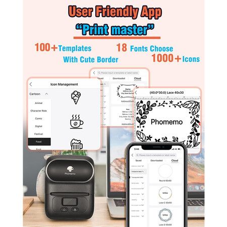 Phomemo M110 Label Maker with 3 Roll Labels, Mini Portable Bluetooth Thermal Label Printer for Clear Label, Barcode, Clothing, Office, Business, Compatible with Android and iOS, Black