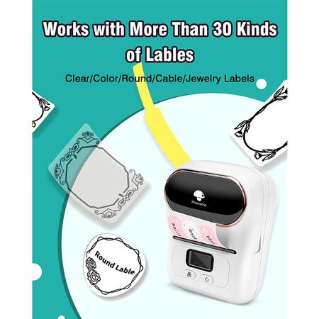 Phomemo M110 Label Maker with 1 Roll Labels, Mini Portable Bluetooth Thermal Label Printer for Clear Label, Barcode, Clothing, Office, Business, Compatible with Android and iOS, White