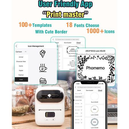 Phomemo M110 Label Maker with 1 Roll Labels, Mini Portable Bluetooth Thermal Label Printer for Clear Label, Barcode, Clothing, Office, Business, Compatible with Android and iOS, White