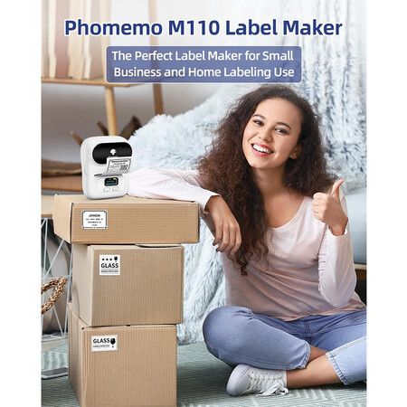 Phomemo M110 Label Maker with 1 Roll Labels, Mini Portable Bluetooth Thermal Label Printer for Clear Label, Barcode, Clothing, Office, Business, Compatible with Android and iOS, White