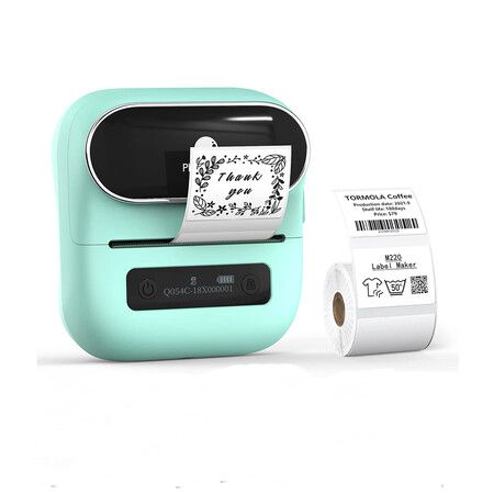 Phomemo M220 Label Maker With 1 Roll Label, 3.14 Inch Barcode Label Printer, Portable Sticker Maker Machine for Barcode, Name, Address, Labeling, Mailing, Home, Office and Small Business, Compatible with Phones and PC, Green