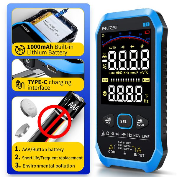 Smart Digital Multimeter Tester 9999 Counts AC DC Voltage Current Resistance Capacitance Diode Frequency NCV Live Wire Color Display Handheld Professional