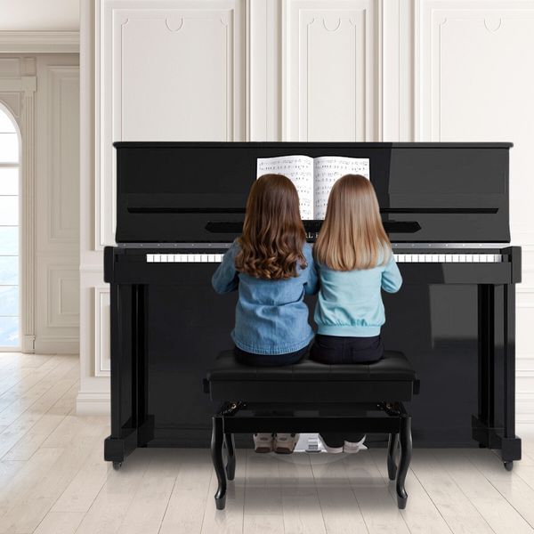 Adjustable Duet Piano Stool Bench Chair Ergonomic Modern Keyboard Double Seat Black with Storage PU Leather Cushion