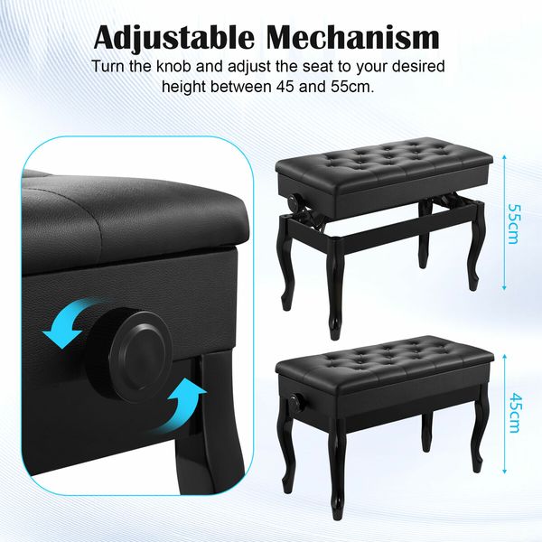 Adjustable Duet Piano Stool Bench Chair Ergonomic Modern Keyboard Double Seat Black with Storage PU Leather Cushion