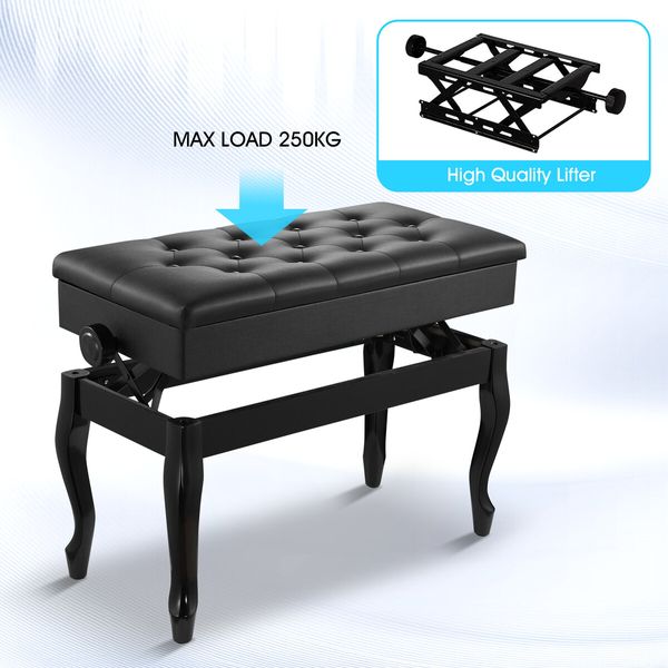 Adjustable Duet Piano Stool Bench Chair Ergonomic Modern Keyboard Double Seat Black with Storage PU Leather Cushion