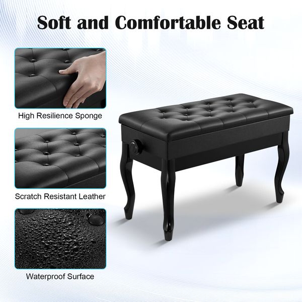 Adjustable Duet Piano Stool Bench Chair Ergonomic Modern Keyboard Double Seat Black with Storage PU Leather Cushion