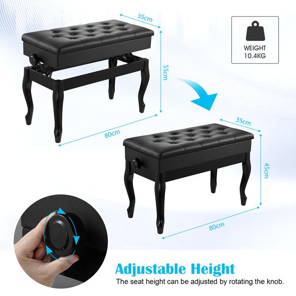 Adjustable Duet Piano Stool Bench Chair Ergonomic Modern Keyboard Double Seat Black with Storage PU Leather Cushion