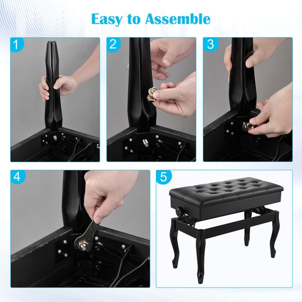 Adjustable Duet Piano Stool Bench Chair Ergonomic Modern Keyboard Double Seat Black with Storage PU Leather Cushion