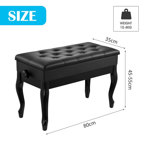 Adjustable Duet Piano Stool Bench Chair Ergonomic Modern Keyboard Double Seat Black with Storage PU Leather Cushion