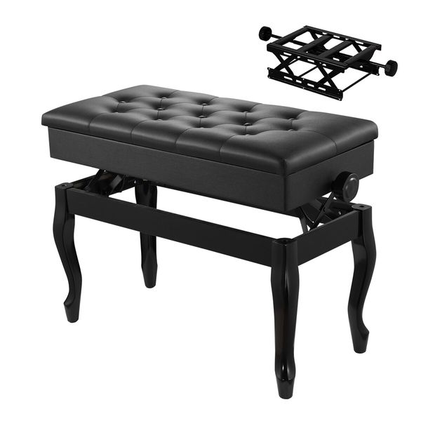 Adjustable Duet Piano Stool Bench Chair Ergonomic Modern Keyboard Double Seat Black with Storage PU Leather Cushion