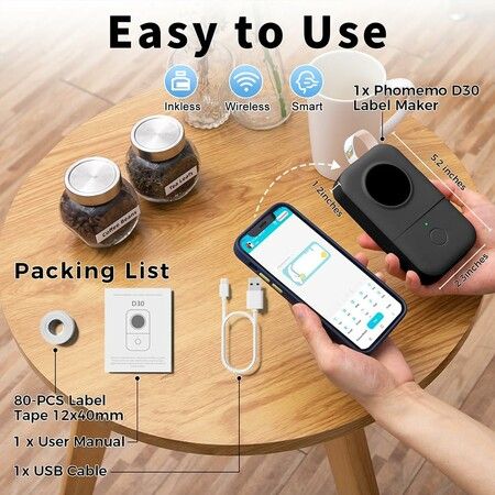 Phomemo D30 Label Printer with 1 Roll Rabel, Bluetooth Wireless Mini Pocket Smartphone Label Maker Machine Compatible with iPhone/Android