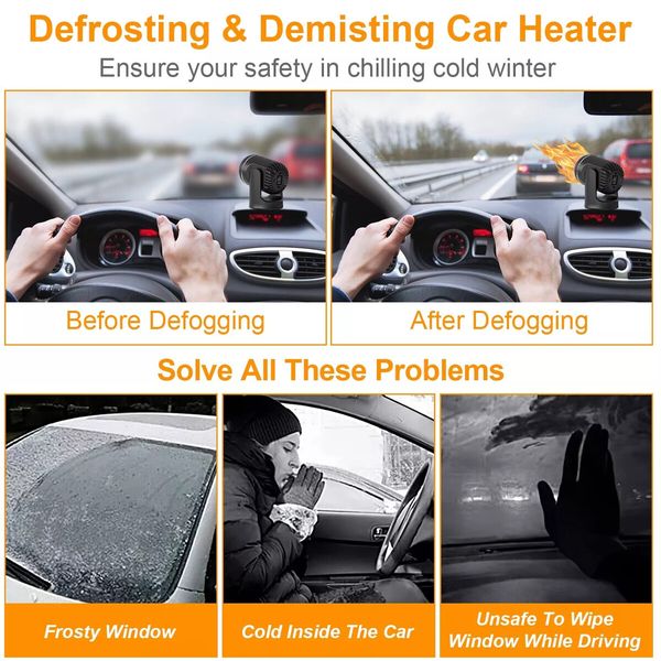 Portable Car Defroster Heater Rapid Heating Dryer Windshield Hot Fan Warmer Air Blower Electric Window Demister 12V 130W Cigarette Plug Black