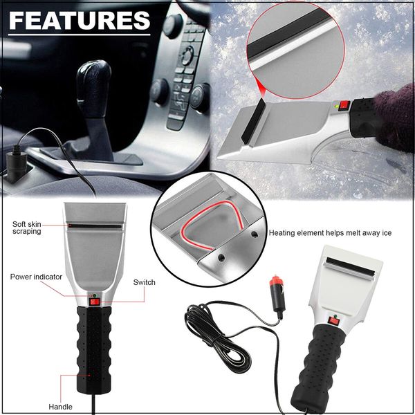 12V Electric Heated Car Ice Scraper Automobiles Cigarette Lighter Snow Removal Shovel Auto Windshield Glass Defrost Tools