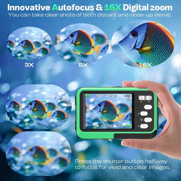 Underwater Camera 4K UHD 48MP Waterproof with Dual Screens 16X Zoom Selfie Fill Light Snorkeling 64GB Card Green