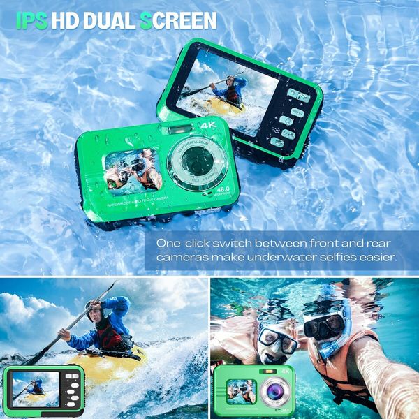 Underwater Camera 4K UHD 48MP Waterproof with Dual Screens 16X Zoom Selfie Fill Light Snorkeling 64GB Card Green