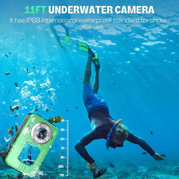 Underwater Camera 4K UHD 48MP Waterproof with Dual Screens 16X Zoom Selfie Fill Light Snorkeling 64GB Card Green