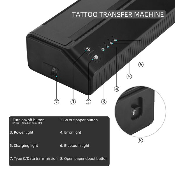 P8008 Bluetooth Tattoo Stencil Printer, Wireless Thermal Tattoo Copier Machine Mini Tattoo Printer 1500mAh for Tattooing Compatible with iOS, Android and PC MHT-P8008-US