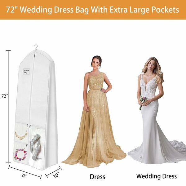 72 Inch Wedding Dress Garment Bag with 10 Inch Gusseted Dress Bags for Gowns Long 4 Pockets Dress Cover for Women,White