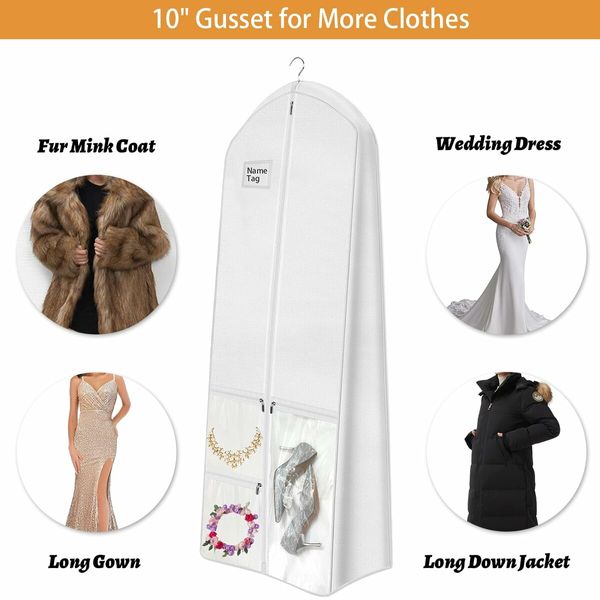 72 Inch Wedding Dress Garment Bag with 10 Inch Gusseted Dress Bags for Gowns Long 4 Pockets Dress Cover for Women,White