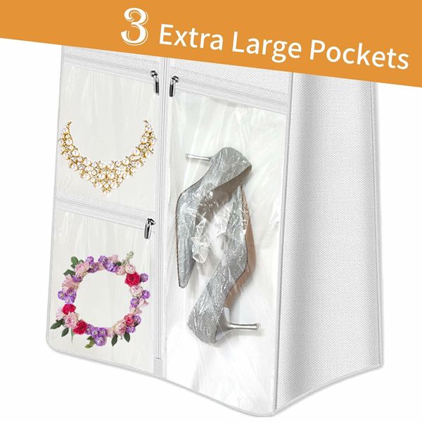 72 Inch Wedding Dress Garment Bag with 10 Inch Gusseted Dress Bags for Gowns Long 4 Pockets Dress Cover for Women,White