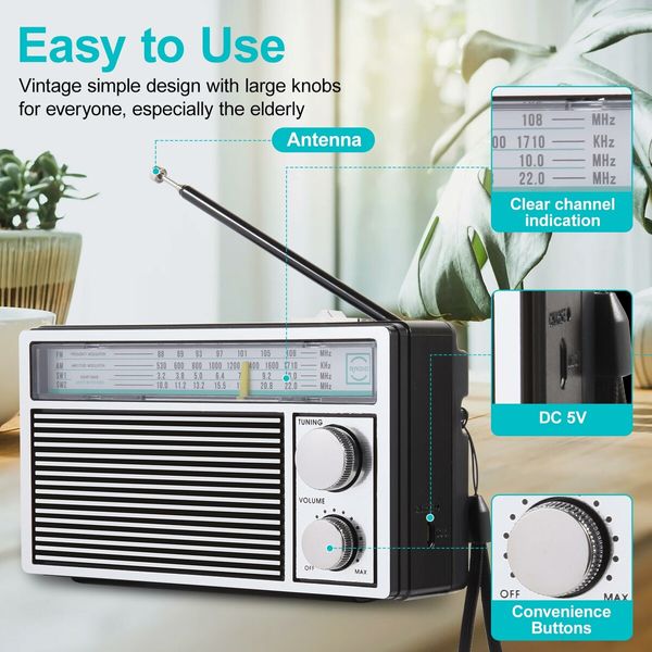 Radios Portable AM FM Retro Radio,Transistor Radios with Loud Speakers,Battery Powered or DC Power,Suitable for Indoor,Outdoor and Emergency Use,Small Transistor Radio AM FM Gifts