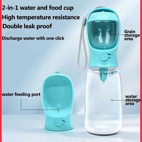 2in1 Dog Water Bottle Food Container Leak Proof Portable Travel Puppy Cat Walking Camping Color Blue