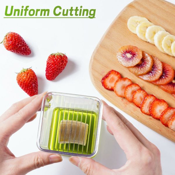 Strawberry Slicer,Fruit Cup Slicer with Push Plate,Fruit & Strawberry Cutter for Quickly Making Fruit Vegetable Salad,Integrated Blade Design,Enssential Kitchen Gadget (Green,2Pack)