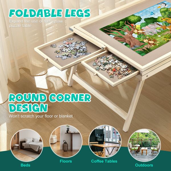 1000pcs Jigsaw Puzzle Table Board Tray Wooden Games Desk Plate Portable Holder Folding Legs 4 Drawers Adjustable Light Strip