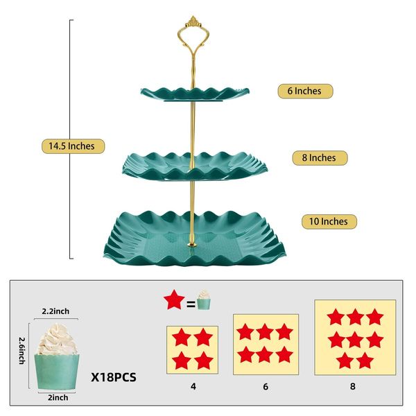 Dessert Cupcake Stand,3 Tier Cup Cake Holder Tower for Tea Party/Birthday/Weeding,Plastic Tiered Serving Tray with Metal Rod,Green