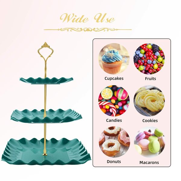 Dessert Cupcake Stand,3 Tier Cup Cake Holder Tower for Tea Party/Birthday/Weeding,Plastic Tiered Serving Tray with Metal Rod,Green