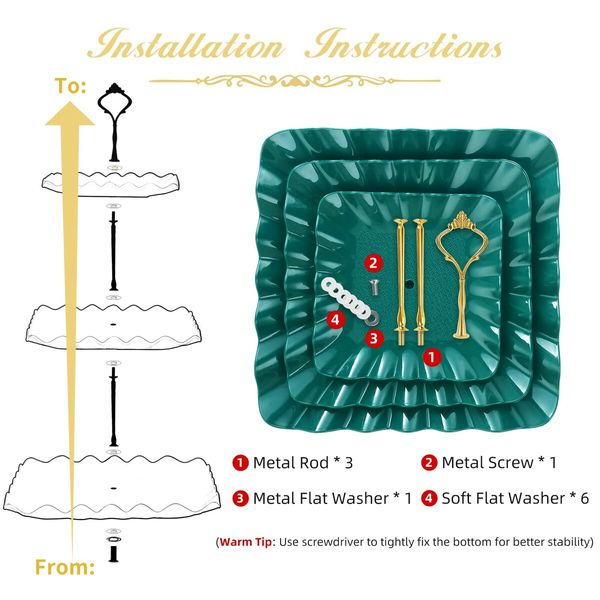 Dessert Cupcake Stand,3 Tier Cup Cake Holder Tower for Tea Party/Birthday/Weeding,Plastic Tiered Serving Tray with Metal Rod,Green