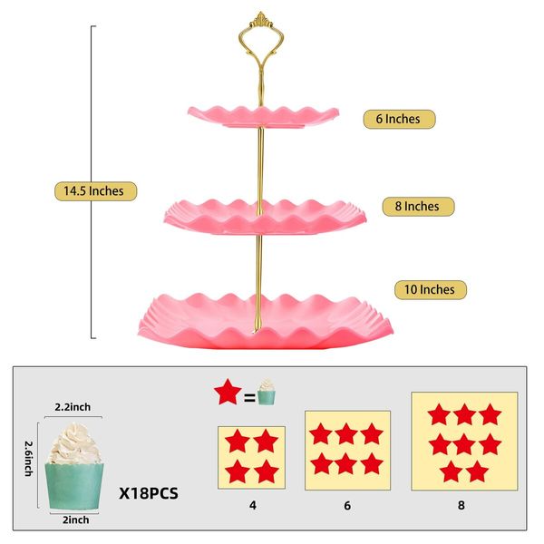 Dessert Cupcake Stand,3 Tier Cup Cake Holder Tower for Tea Party/Birthday/Weeding,Plastic Tiered Serving Tray with Metal Rod,Pink