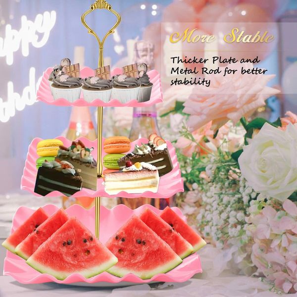 Dessert Cupcake Stand,3 Tier Cup Cake Holder Tower for Tea Party/Birthday/Weeding,Plastic Tiered Serving Tray with Metal Rod,Pink